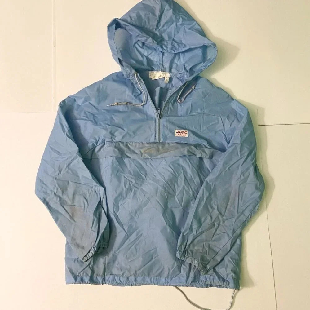 Vintage SOS Blue Windbreaker Size M 10/12 Kids Packable Raincoat Jacket Unisex
